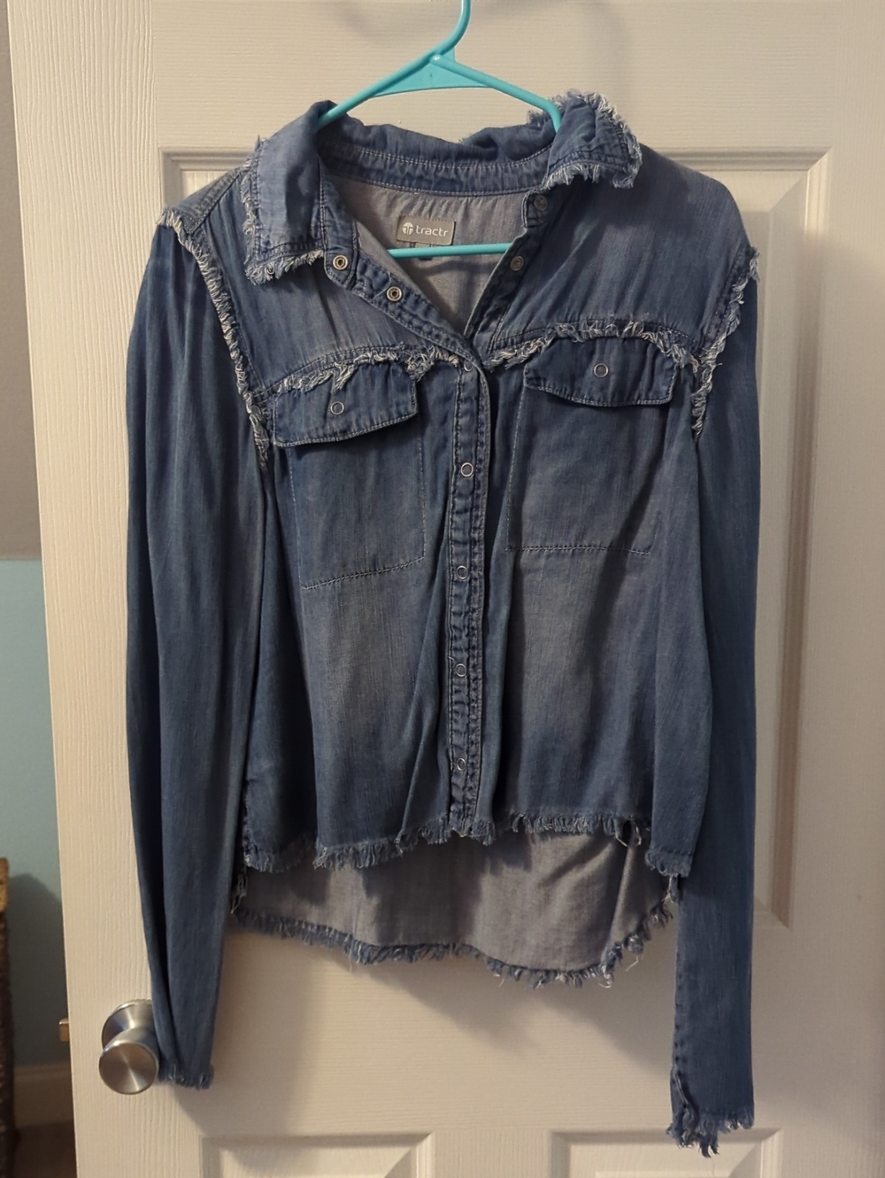 Tractr Frayed Hem Distressed Denim Jacket - Blue